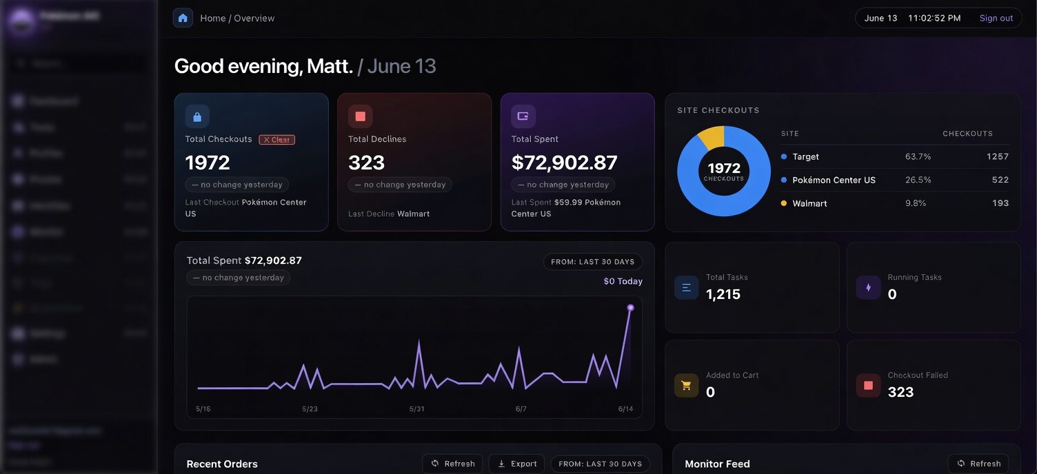 Pokémon AIO Dashboard — live overview with stats, recent checkouts and quick actions