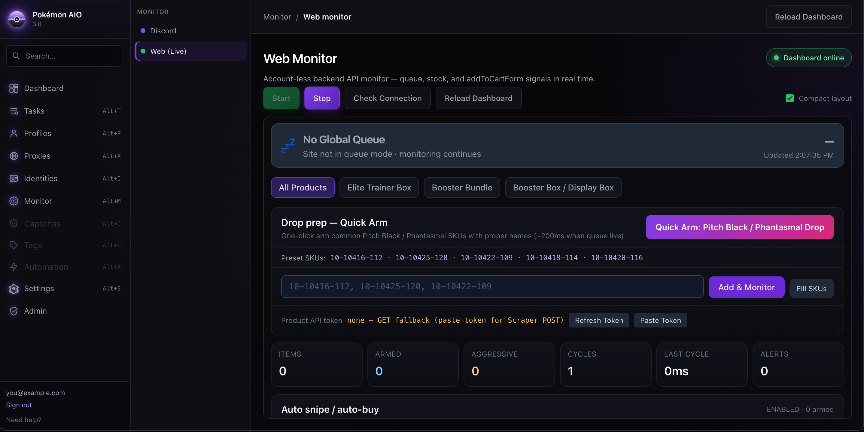 Live Web Monitor with queue data, product polling and stealth controls