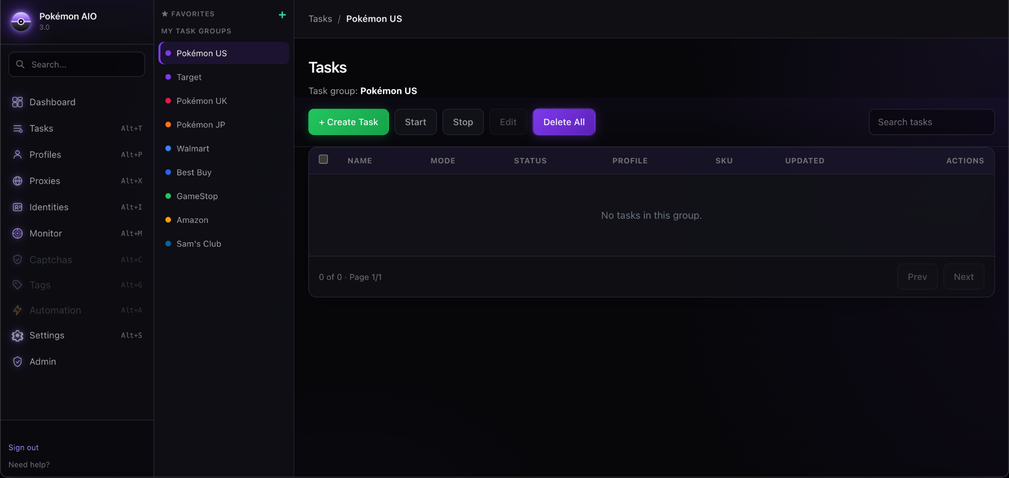 Tasks interface showing active tasks, groups, and the powerful creation modal